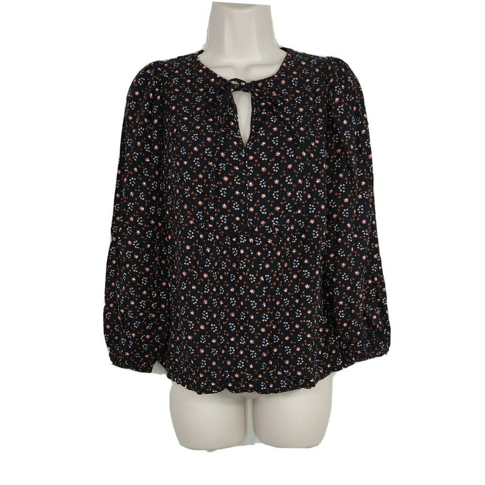 Universal Thread Baby Doll Top Keyhole Women Size S Black Red Floral Long Sleeve